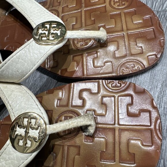 Tory Burch Thora Flip Flops Sandal Womens Size 7 Ivory Leather Gold Logo Retired - Picture 7 of 7